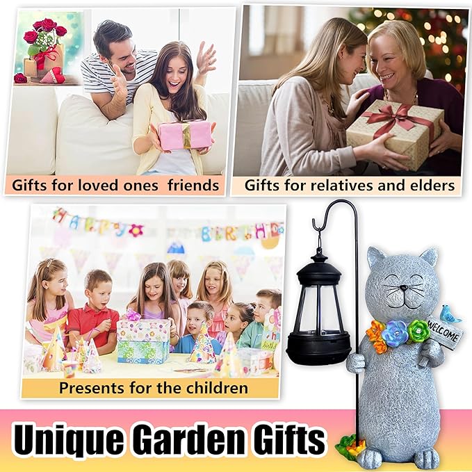 Solar Cat Garden Statues Outdoor Décor with Lantern- Cat Figurines Solar LED Light Lawn Ornaments - Yard Decorations for Patio, Balcony, Backyard -Unique House Warming Gifts for Mom-Ruum Studio Home