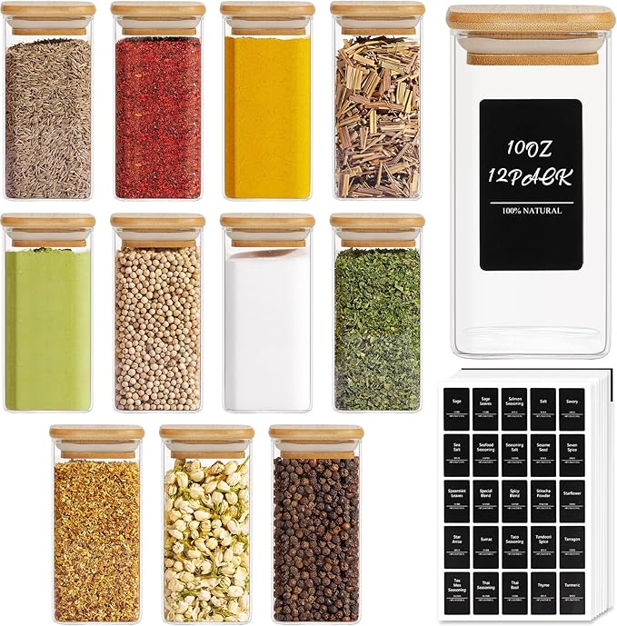 ComSaf 12Pcs Glass Spice Jars with Bamboo Lid, 10oz Airtight Square Containers with 275 Black Lables, Empty Seasoning Jars for Spice Salt Sugar-Ruum Studio Home