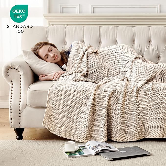 Joydeco Chunky Cable Knit Throw Blanket, Lightweight 100% Organic Cotton Soft Cozy Throw Twin Blanket for Couch Bed and Sofa, Rustic Breathable Farmhouse Blanket Gift for Women Men(Beige, 51"x63")-Ruum Studio Home