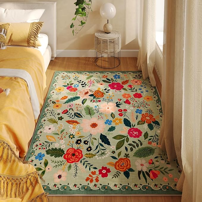 Area Rug 4x6 Rug Washable Boho Rugs Non Slip Low Pile Floral Small Carpet for Bedroom, Bedside, Kids Room, Office, Dining Room(Green)-Ruum Studio Home