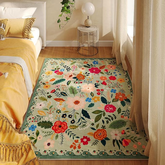 Bedroom Rug 3x5 Rug Washable Area Rug Non Slip Low Pile Boho Floral Small Carpet for Bedroom, Bedside, Kitchen, Entryway, Kids Room, Office, College Dorm Essentials for Girls(Green)-Ruum Studio Home