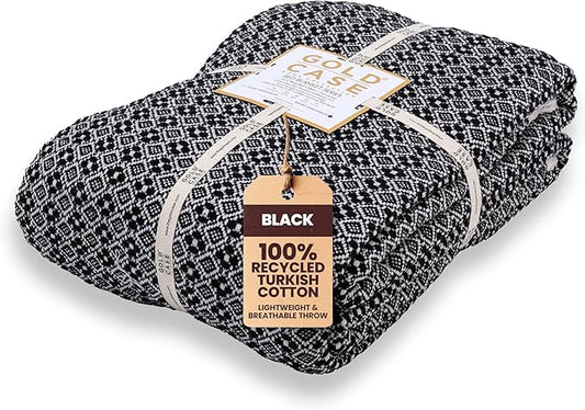 Gold Case Throw Blanket for Bed – 100% Recycled Turkish Cotton Bed Blanket – Decorative Throw Cotton Blankets for Living Room & Bedroom – Retro Black Woven Queen Blankets – 90x90-Ruum Studio Home
