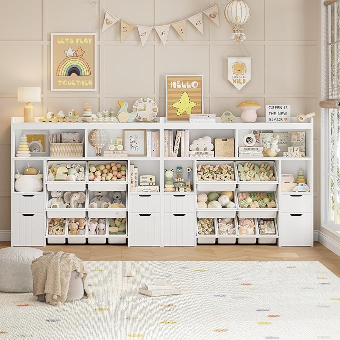 HORSTORS 55" W Toy Storage Organizer with Drawers, Large Kids Toy Storage Box with Removable Bins, Tall Kids Bookshelf and Bookcase for Boys and Girls, Modern Toy Chest for Playroom, Classroom, White-Ruum Studio Home