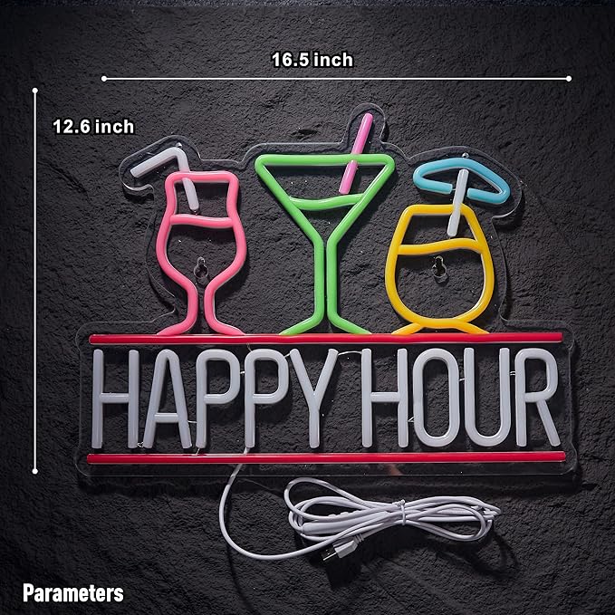 Happy Hour Neon Sign for Wall Decor Beer Bar Signs, USB Powered Dimmable LED Art Lights for Bar Pub Man Cave Party Club-Ruum Studio Home