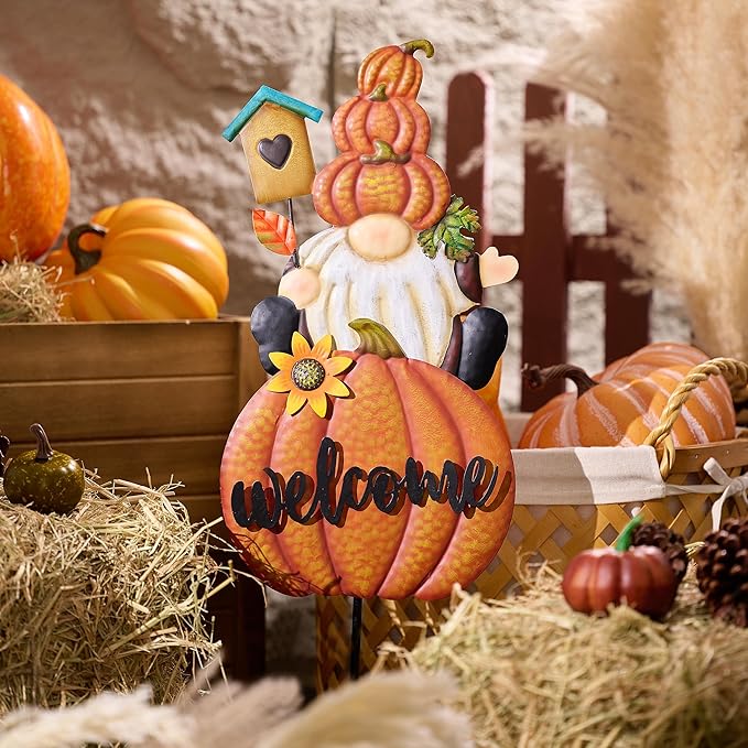 TERESA'S COLLECTIONS Fall Gnome Pumpkin Decorations for Outdoor Home, Metal Fall Decor Welcome Signs Stakes, Orange Autumn Yard Decor for Thanksgiving, Harvest Garden Patio Gift for Mom 25"-Ruum Studio Home