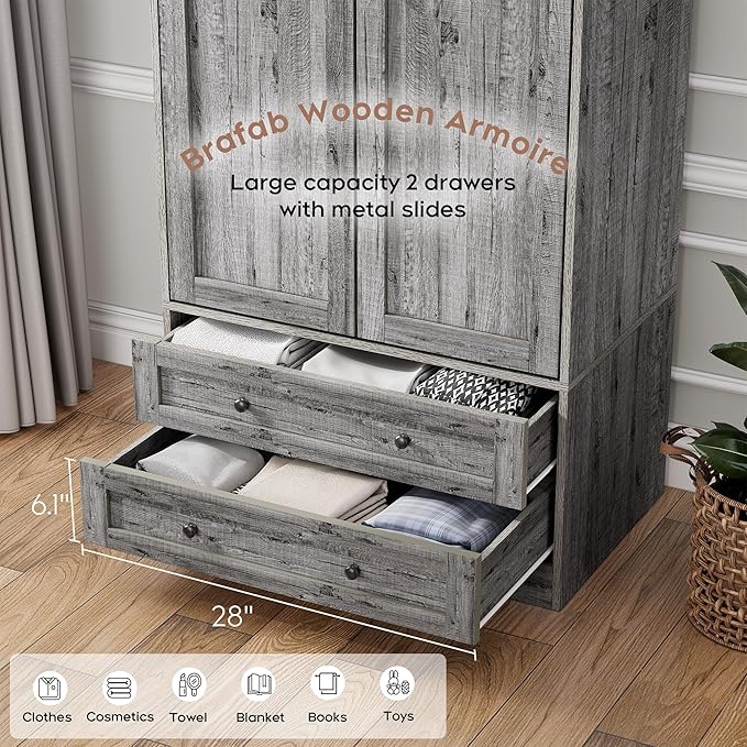 Brafab Armoire Wardrobe Closet with 2 Modern Doors, 71" Tall Freestanding Closet Wardrobe Cabinet with Drawers and Hanging Rail, Light Wooden Storage Cabinet with Shelve for Bedroom (Grey, 4 Doors)-Ruum Studio Home
