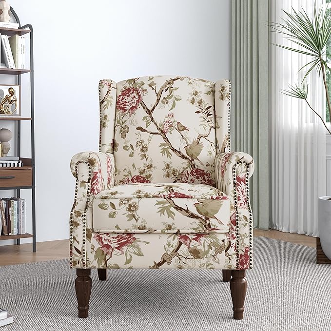 Lumibee Wingback Accent Chair,High Back Floral Armchairs in Fabric,Comfy Upholstered Reading Single Sofa Chair with Solid Wood Legs for Living Room,Bedroom,Office-Floral Beige-Ruum Studio Home