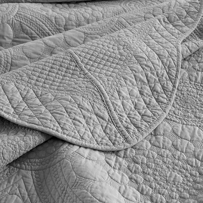 MarCielo 3-Piece 100% Cotton Oversized Bedspread Lightweight Quilt Coverlet Embroidery Farmhouse Bedding Set (Tf Light Grey, Oversized Queen (100"x106"))-Ruum Studio Home