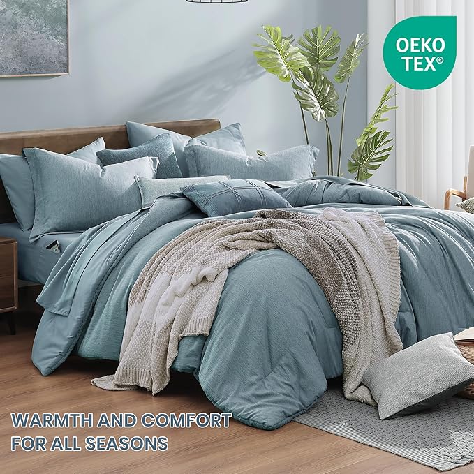 Monbix Queen Comforter Set - 7 Pieces Dusty Blue Cationic Dyeing Bed in a Bag Queen Bedding Sets with Sheets, Pillowcases & Shams, Reversible Bedding Comforters-Ruum Studio Home