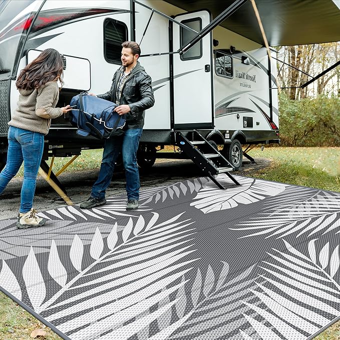 GENIMO Outdoor Rug 10' x 10' Waterproof for Patios Clearance, Reversible Outdoor Plastic Straw Camping Rug Carpet, Large Area Rugs Mats for RV, Camper, Deck, Balcony, Porch, Beach, Picnic, Grey&White-Ruum Studio Home