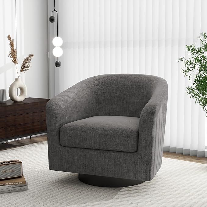 Swivel Barrel Accent Chair, Modern Round Linen Arm Chair for Living Room, Bedroom, Comfy Club Reading Chairs for Adults（Linen Fabric, Grey, Set of 2-Ruum Studio Home