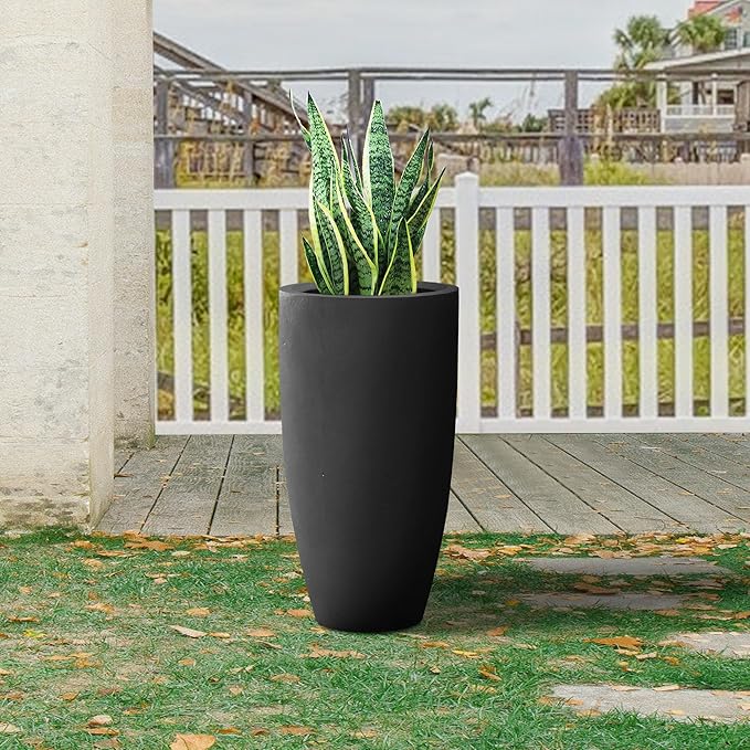 Kante 23.6" H Black Finish Concrete Tall Planters Large Outdoor Indoor Decorative Plant Pots with Drainage Hole and Rubber Plug, Modern Tapered Style for Home and Garden-Ruum Studio Home
