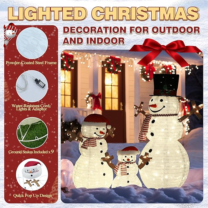 4FT Pop-Up Snowman Family, Pre-Lit Holiday Decoration Sign with 270 LED Lights, Customized Placement Holiday Display for Indoor, Outdoor-Ruum Studio Home