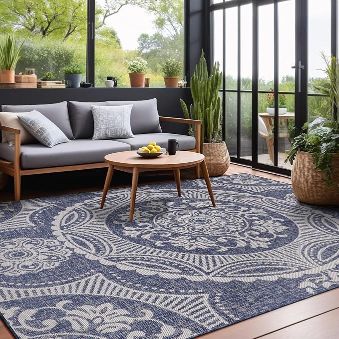 Medallion Outdoor Rug 6x9 Washable Outside Carpet for Indoor Patio Porch Waterproof Easy Cleaning Non Shedding Area Rugs Blue 6 x 9-Ruum Studio Home
