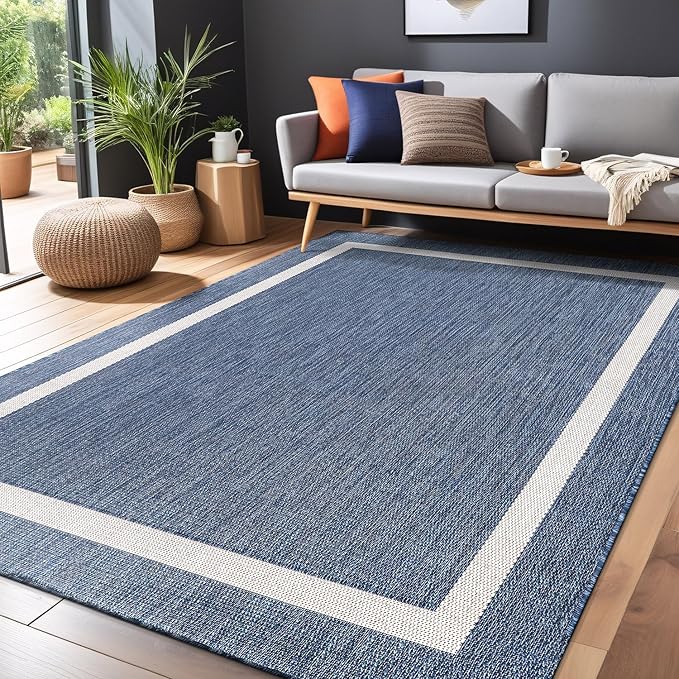 Bordered Outdoor Rug 9x12 Washable Outside Carpet for Indoor Patio Porch Waterproof Easy Cleaning Non Shedding Area Rugs Blue 9 x 12-Ruum Studio Home
