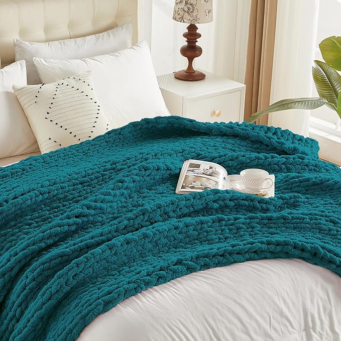 Carriediosa Chunky Knit Throw Blanket 50" X 60", 100% Hand Made Large Chenille Loop Yarn Soft Fluffy Throws for Couch Sofa Bed, Big Crochet Cozy Heavy Thick Cable Woven Blankets, Teal-Ruum Studio Home