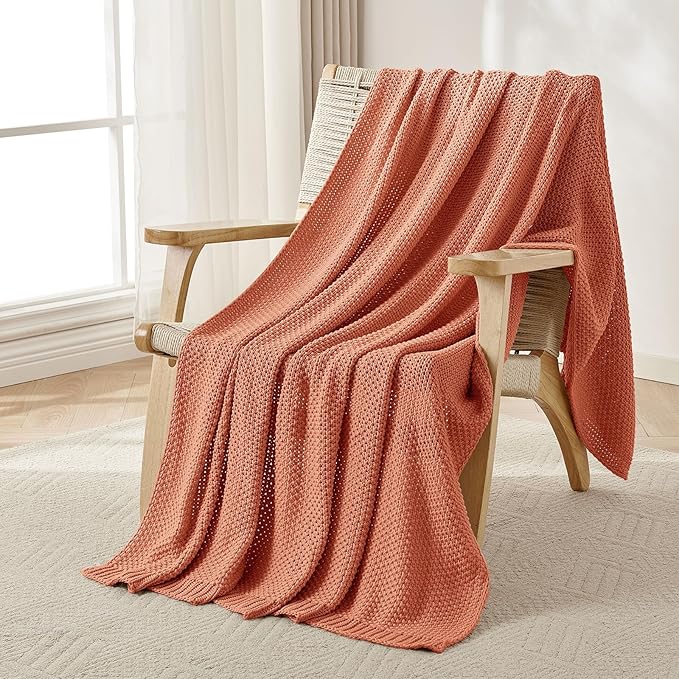 Joydeco Chunky Cable Knit Throw Blanket, Lightweight 100% Cotton Soft Cozy Throw Twin Blanket for Couch Bed and Sofa, Rustic Breathable Farmhouse Blanket Gift for Women Men(Burnt Orange, 60"x80")-Ruum Studio Home