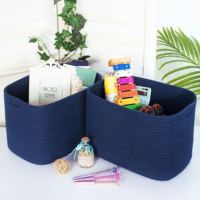 MINTWOOD Design 3-Pack Decorative Woven Storage Baskets for Shelves, Cube Bin Box for Organizing Books, Shoes, Dog Toys, Pantry Closet and Living Room Organizer, Navy Blue-Ruum Studio Home