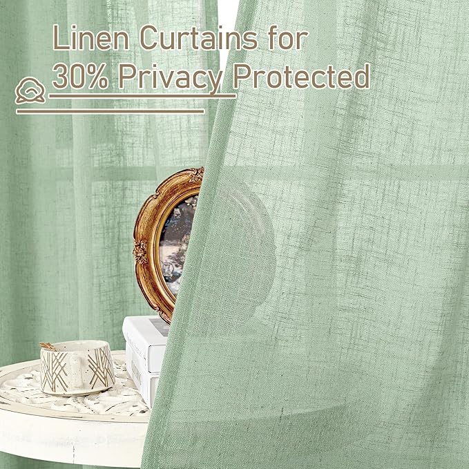 LAMIT Fresh Green Linen Sheer Curtains 63 Inch Length for Bedroom, Light Filtering Panels with Bronze Grommet for Living Room Faux Linen Textured Spring Decor Drapes, 2 Panels, 34 X 63 Inch-Ruum Studio Home