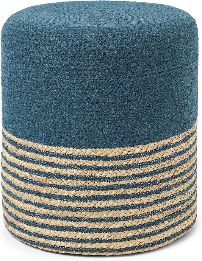 REDEARTH · Cylindrical Pouf Foot Stool Ottoman - Jute Braided Pouffe Poof Accent Sitting Footrest for Living Room, Bedroom, Nursery, Patio, Lounge Set of 2 (Teal Natural, 14.5"x14.5"x16")-Ruum Studio Home