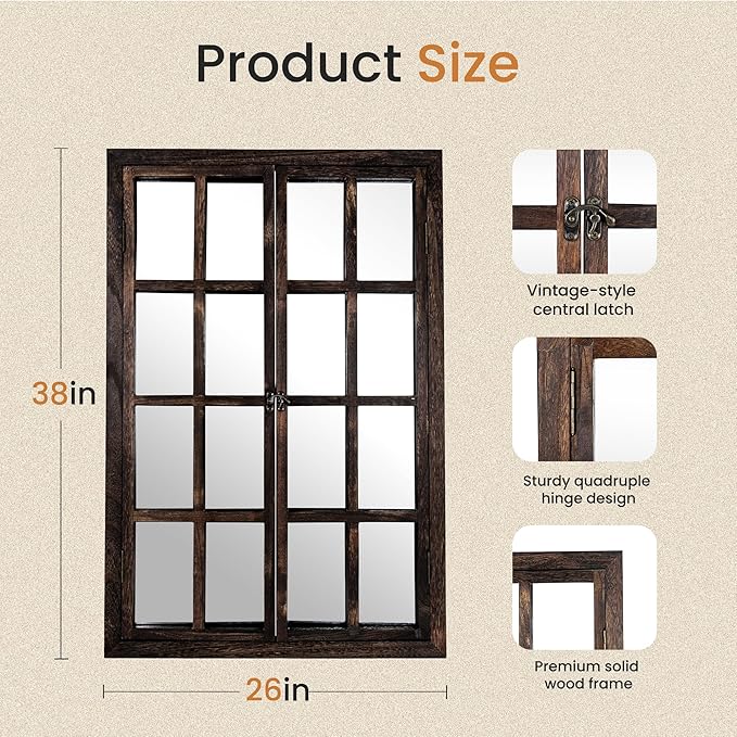 Wall Mirror with Window Design, 38"x26" Rustic Farmhouse Wood Mirror for Wall Decor, Decorative Vintage Mirror for Living Room, Bedroom, Entryway-Ruum Studio Home