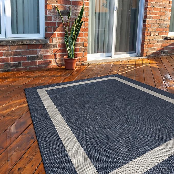 CAMILSON Outdoor Rug 10x14, Large Modern Outside Rugs for Patios Porches Waterproof Durable Washable Non-Shedding, Easy-to-Clean Indoor Outdoor Area Carpet (10 x 14, Bordered - Blue/White)-Ruum Studio Home