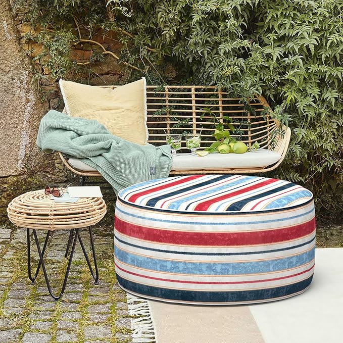 LVTXIII Outdoor Inflatable Ottoman, Fade-Resistant Round Footrest Stool D31”x H14”, Portable Patio Pouf for Garden Camping or Home Use, Stripe Red Blue-Ruum Studio Home