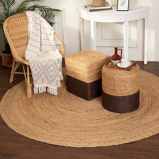 REDEARTH · Cylindrical Pouf Foot Stool Ottoman - Jute Braided Pouffe Poof Accent Sitting Footrest for The Living Room, Bedroom, Nursery, Patio, Lounge - Set of 2 (14.5”x14.5”x16”; Natural Acorn)-Ruum Studio Home