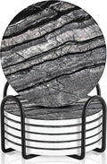 Emerson Coasters for Drinks Absorbent – Natural Stone Drink Coasters Set with Holder, Coasters for Coffee Table, Wooden Tabletop Protection Marble Style – 100% Heavy Duty Set of 6 (Obsidian)-Ruum Studio Home