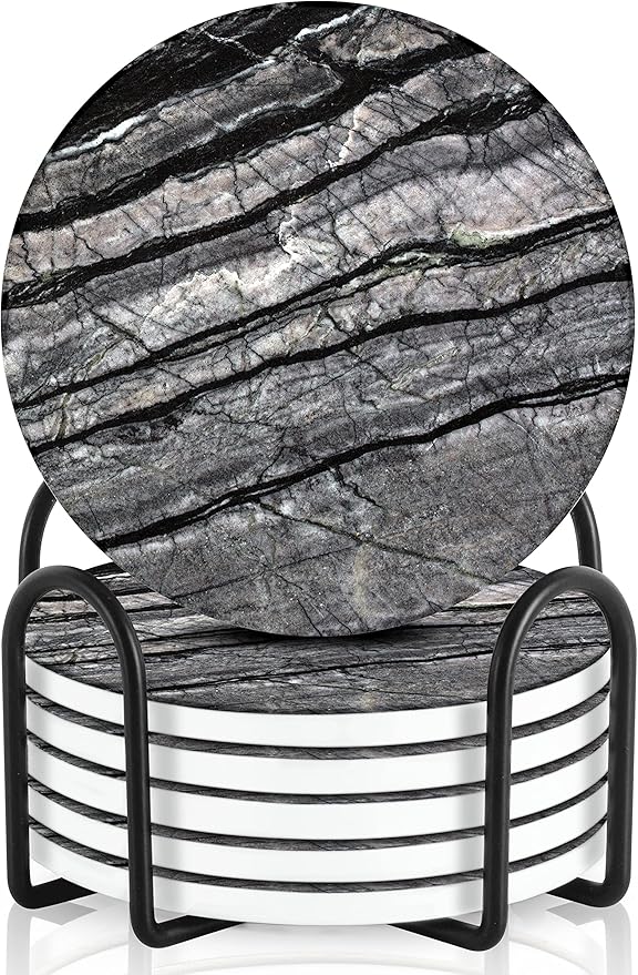Emerson Coasters for Drinks Absorbent – Natural Stone Drink Coasters Set with Holder, Coasters for Coffee Table, Wooden Tabletop Protection Marble Style – 100% Heavy Duty Set of 6 (Obsidian)-Ruum Studio Home
