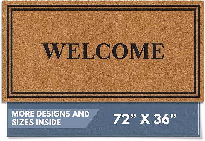 Barnyard Designs Natural Coco Coir Heavy Duty Backing Doormat - Large Cute Non-Slip Front Door Welcome Mat for Outside Entrance or Porch Entry, Brown (36x72, Welcome)-Ruum Studio Home