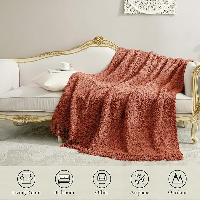 Amélie Home Knit Throw Blanket with Tassels for Couch, Luxury Boho Throw Blanket for Summer Orange, 50"x60"-Ruum Studio Home