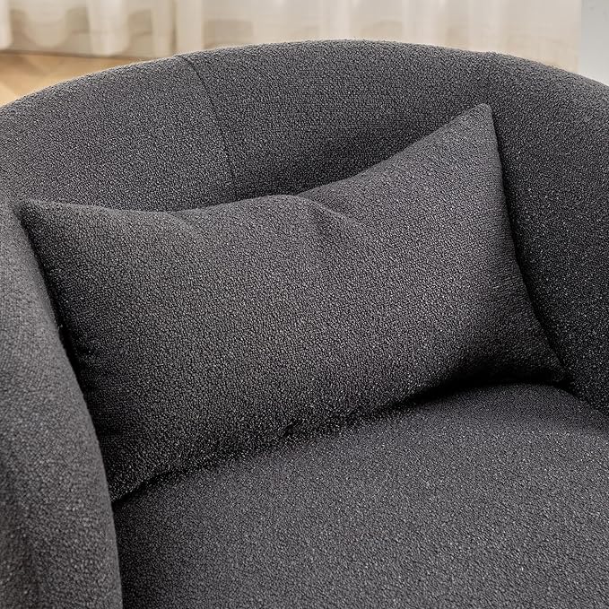 KINWELL 34" Wide Boucle Swivel Barrel Chair, No Assembly Round Upholstered Armchair Accent Chair Single Sofa Chair with Toss Pillow for Living Room and Bedroom, Dark Grey-Ruum Studio Home