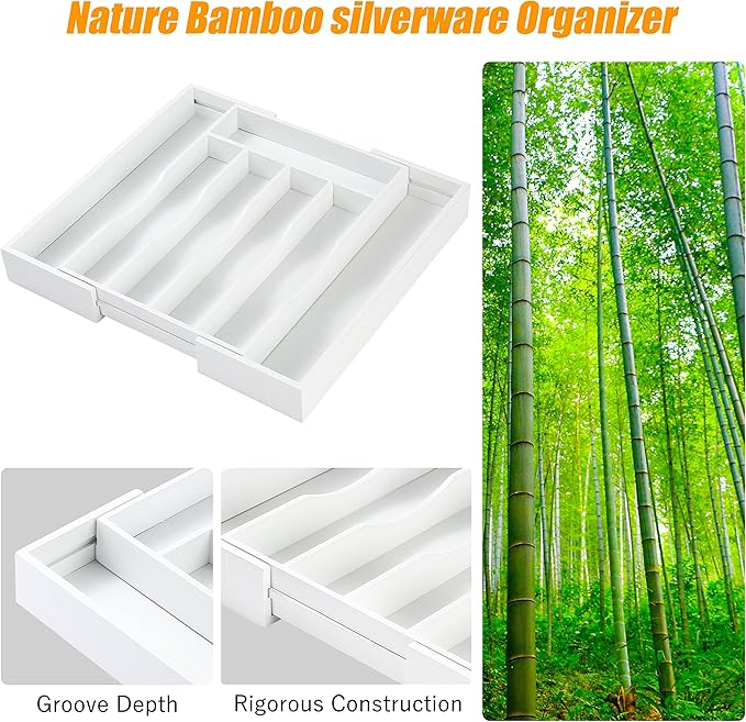 Bellsal White Silverware Organizer Kitchen Drawer Organizer Expandable Bamboo Utensil Holder Cutlery Tray for Kitchen Utensil and Flatware Bedroom Office-Ruum Studio Home
