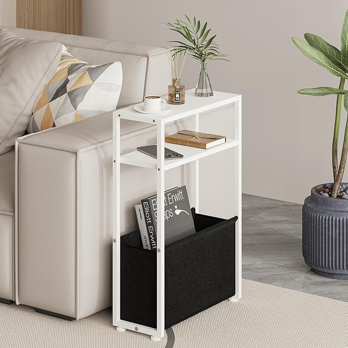 Narrow Side Table, Slim End Tables with Fabric Basket, Skinny Table for Small Spaces, Thin Bedside Table for Living Room, Bedroom, White, ZBZ01-Ruum Studio Home