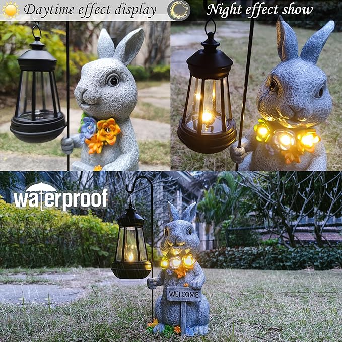 Solar Rabbit Garden Statues Outdoor Décor with Lantern- Rabbit Figurines Solar LED Light Lawn Ornaments - Yard Decorations for Patio, Balcony, Backyard -Unique House Warming Gifts for Mom-Ruum Studio Home