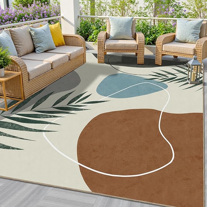 Indoor Outdoor Area Rug, Mid Century Outdoor Patio Rug, Washable Abstract Art Leaves Eucalyptus Rugs, Non-Slip Carpet for Camping, Living Room, Bedroom, Deck(5x8)-Ruum Studio Home