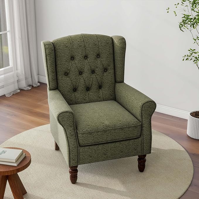 Accent Chair, Upholstered Armchair with Button Tufted High Back & Solid Wood Legs, Comfy Wingback Reading Single Sofa Chair for Small Spaces, Living Room, Bedroom (Green, Set of 1)-Ruum Studio Home