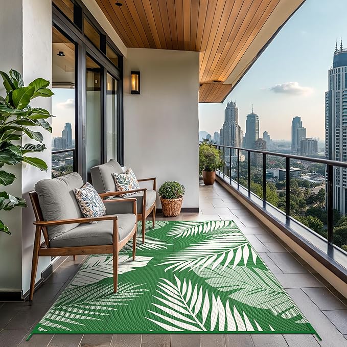 GENIMO Outdoor Rug 5' x 8' Waterproof for Patios Clearance, Reversible Plastic Straw Camping Rug Carpet, Large Area Rugs Mats for RV, Picnic, Backyard, Deck, Balcony, Porch, Dark Green&White-Ruum Studio Home