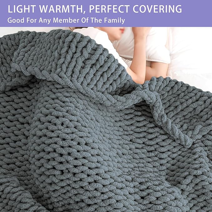 Bigacogo Chunky Knit Throw Blanket for Couch, 80x90 inches, 100% Hand Knitted with Thick Jumbo Chenille Yarn, Cozy Soft Large Rope Knot Cable Crochet Blankets for Sofa Bed Living Room, Iron Gray-Ruum Studio Home