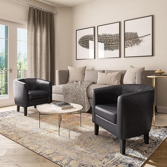 BELLEZE Accent Barrel Chair Set of 2, Linen Round Chair Club Tub Sofa Corner Chair with Flared Legs and Cozy Soft Padding for Living Room Bedroom Waiting Room - Brown-Ruum Studio Home