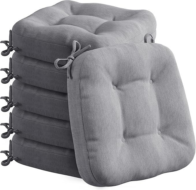 Codi 6 Pack Dining Chair Cushions, Thick Chairs Pads for Indoor Kitchen Room - Washable, Non-Slip Seat Cushion with Ties, 16.5"x16.5"x 3.5", Set of 6, Grey-Ruum Studio Home