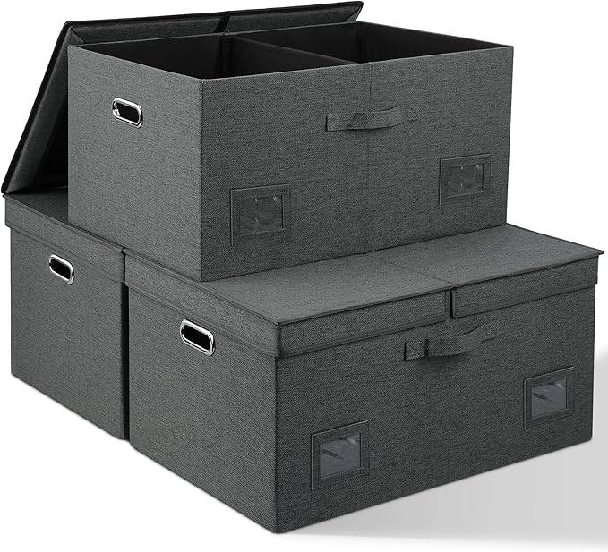 75 Quarts Extra Large Decorative Storage Bins with Lids, 3 Packs Dark Gray Collapsible Storage Bins with Lids, Stackable Storage Bins Decorative Box Storage With Lid Extra Large-Ruum Studio Home