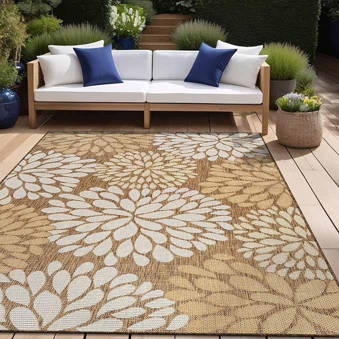 Beverly Rug Outdoor Rug 9x12 Modern Exotic Tropical Leaf Area Rugs for Indoor and Outdoor Patio Deck Porch Garden Water Resistant Washable Outside Carpet (9 x 12 Wooden)-Ruum Studio Home