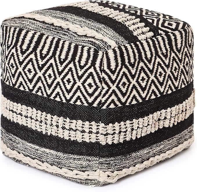 REDEARTH · Tufted Pouf Ottoman with Filler Textured Storage Cube Bean Bag Pouffe Footrest for Living Room, Bedroom, Nursery, Kidsroom; 100% Cotton (17.5"X17.5"X17.5", Char Delineate Black)-Ruum Studio Home