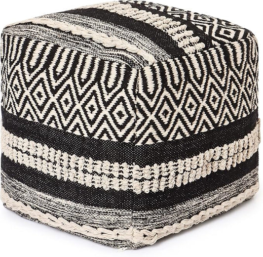 REDEARTH · Tufted Pouf Ottoman with Filler Textured Storage Cube Bean Bag Pouffe Footrest for Living Room, Bedroom, Nursery, Kidsroom; 100% Cotton (17.5"X17.5"X17.5", Char Delineate Black)-Ruum Studio Home