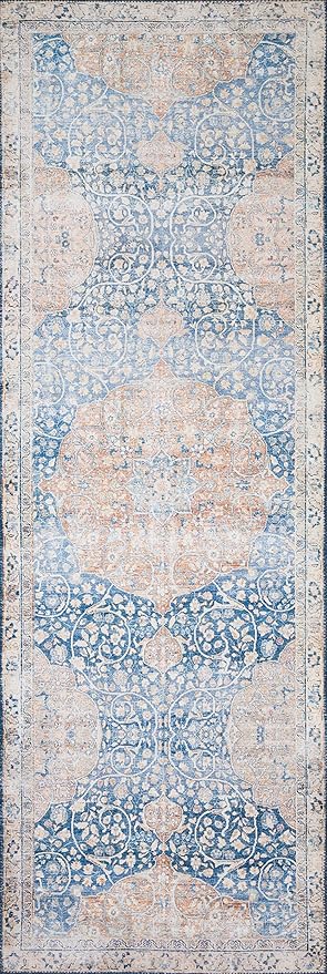Loloi Layla Collection LAY-07 Blue/Tangerine 2'-6" x 7'-6" .13" Thick Runner Rug, Soft, Durable, Vintage Inspired, Distressed, Low Pile, Non-Shedding, Easy Clean, Printed, Living Room Rug-Ruum Studio Home