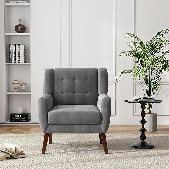 UIXE Accent Chair, Velvet Upholstered Armchair for Living Room, Modern Club Arm Chairs Comfy Single Sofa Button Tufted Bedroom Reading Seat - Gray, Set of 1-Ruum Studio Home