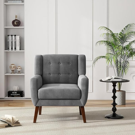 UIXE Accent Chair, Velvet Upholstered Armchair for Living Room, Modern Club Arm Chairs Comfy Single Sofa Button Tufted Bedroom Reading Seat - Gray, Set of 1-Ruum Studio Home