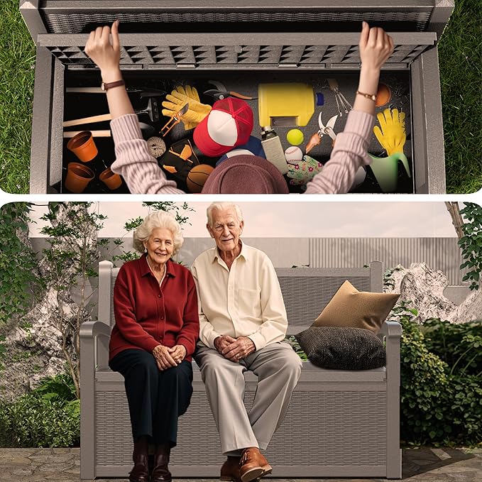 80 Gallon Storage Bench Deck Box Waterproof Lockable,Outdoor Storage Furniture for Patio,Garden and Cushions(Gray)-Ruum Studio Home